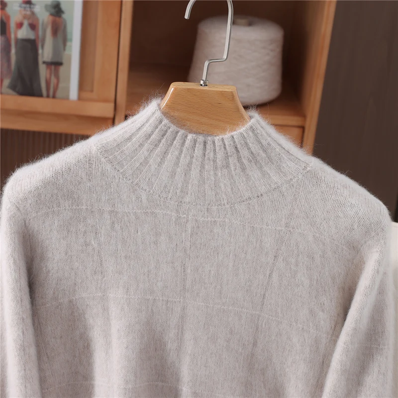 Women 100%Mink Cashmere Sweater Autumn Winter Thick Mockneck Cardigan Cable Knitting Simple Soft Warm Comfort Knitwear Top
