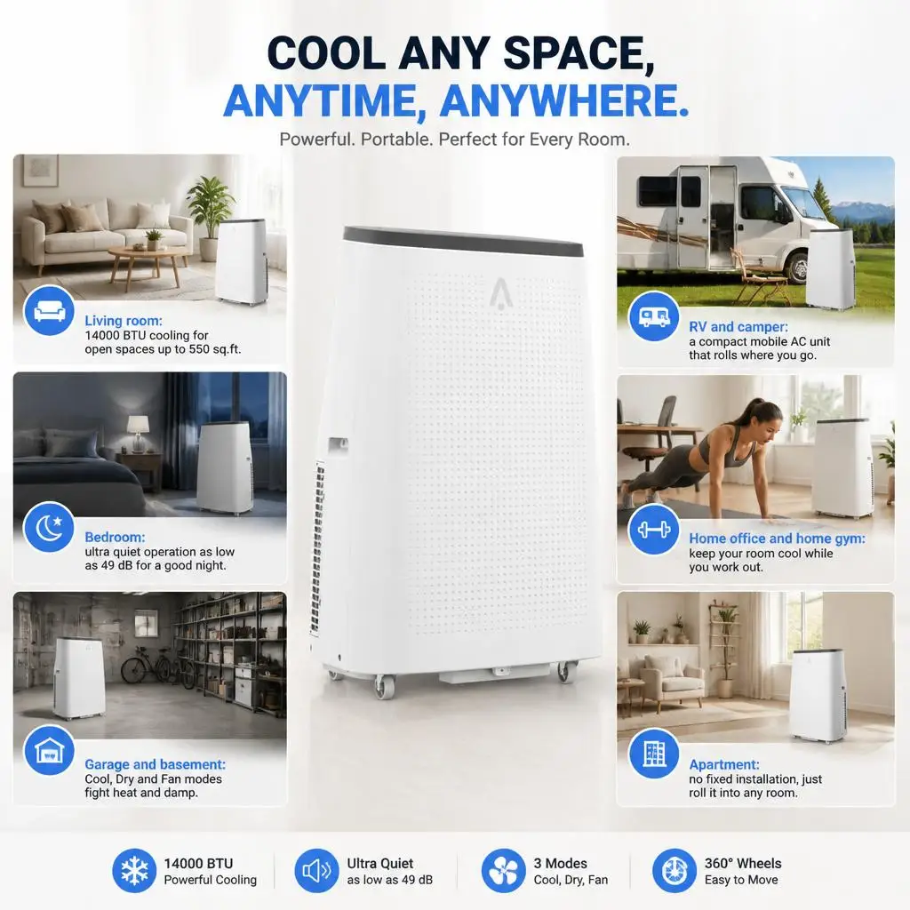 14000 BTU Portable Air Conditioner, 3-in-1 Portable AC Unit for Bedroom and Rooms up to 550 Sq.Ft, Ultra Quiet Mobile Room Air Conditioner with Easy-Roll Casters, Window Kit, Remote Control and Timer, Energy Saving Mode, White