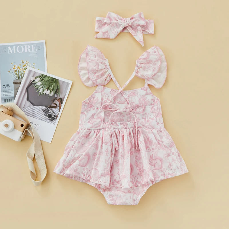 Adorable Baby Girl Romper with Sweet Bunny Print and Stylish Ruffle Hem Perfect for Summer Playdates and Parties