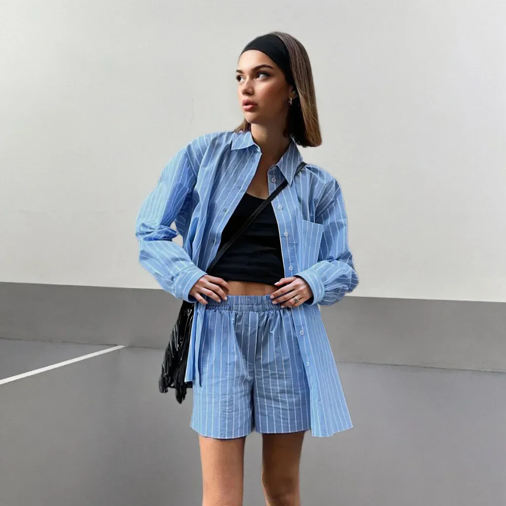 Women's Sets All Season Casual Fitting Slim Single Breasted Stripe Cuff Sleeve Shirt Collar Natural Waist Short  Sets