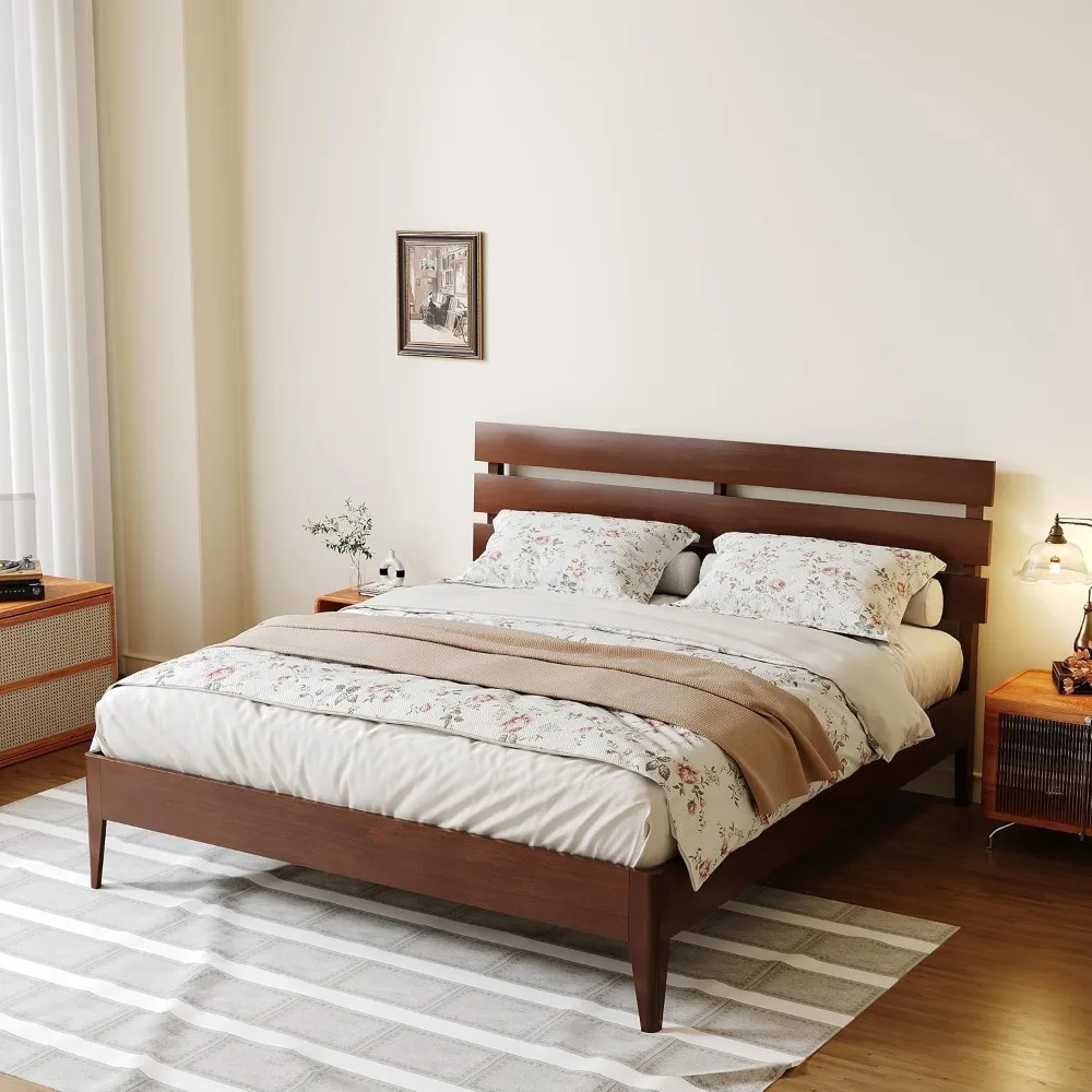 إطار سرير كوين خشبي مع لوح رأسي، سرير بمنصة خشبية صلبة حديثة من منتصف القرن مع أرجل خشبية صلبة ودعم شرائح خشبية، قش #1