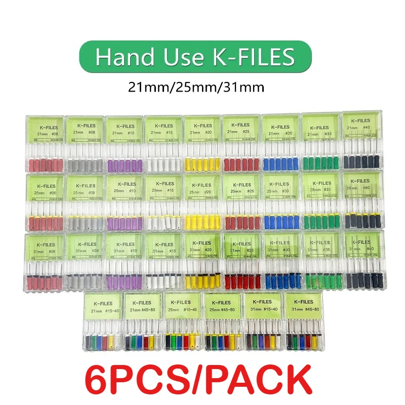 

10 x 6 шт./упак. ручные стоматологические K-файлы из нержавеющей стали | Длина 21/25/31 мм | Ассорти размеров ( # 06- # 40) для подготовки корневых каналов
