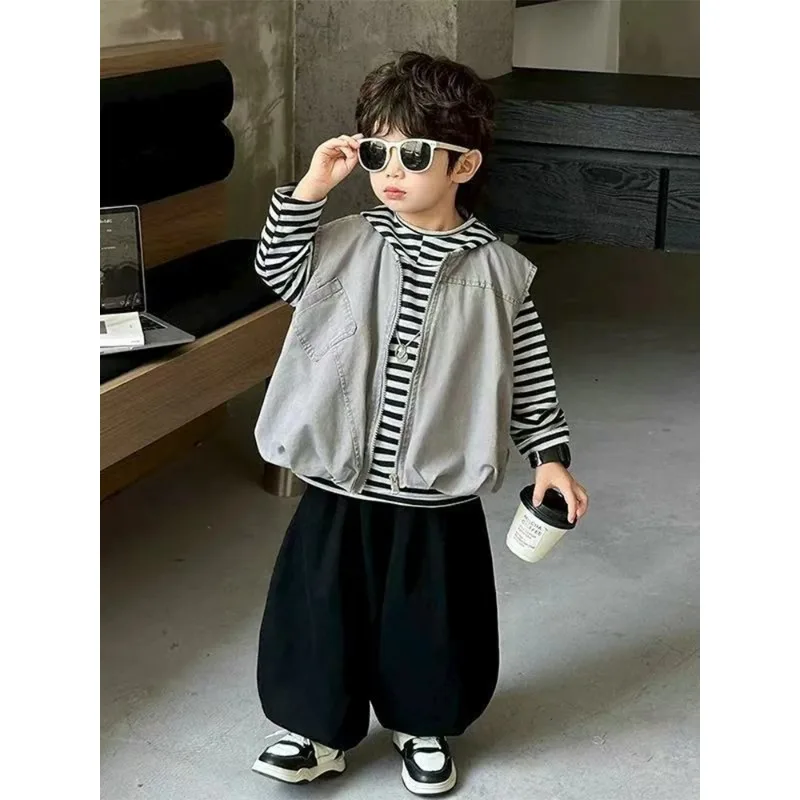 Korean Style Boys' Three-Piece Set Simple Base Layer Vest Long Pants Cool And Handsome Spring Autumn New Arrival for Kids 4