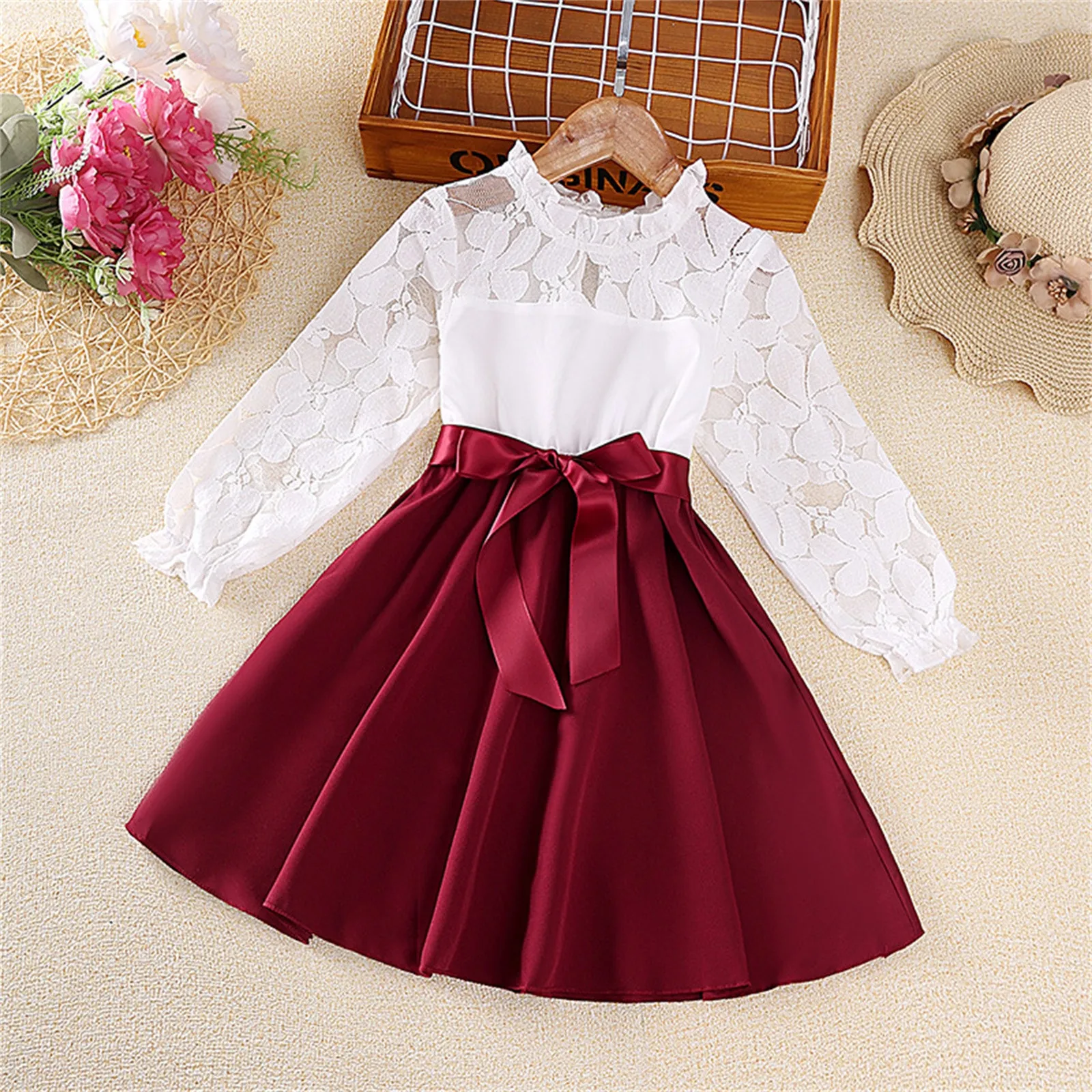 Princess Lace Dress Girl Christmas Winter Party Clothing Kids Bowknot Floral Wedding Dresses Children Spring Autumn Prom Costume