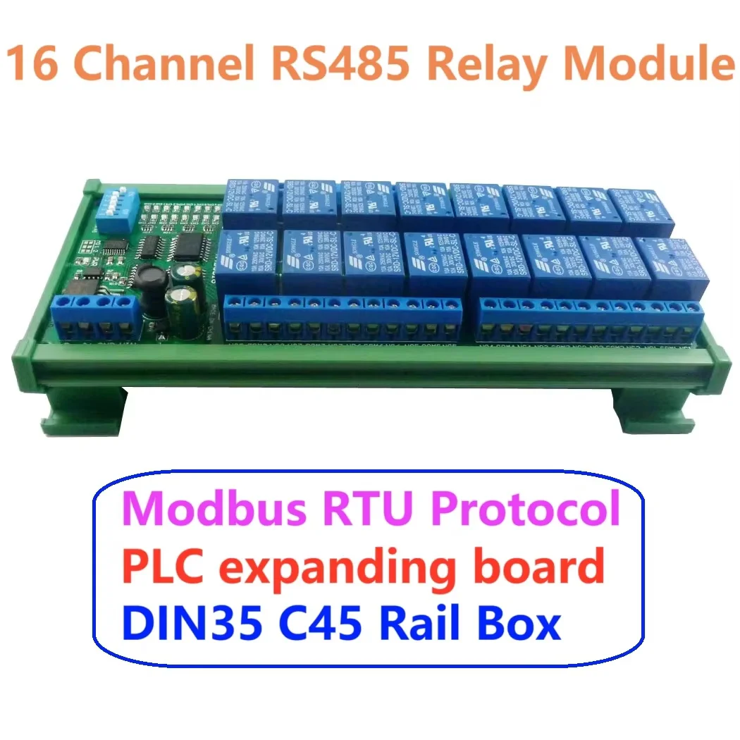 

16-канальный релейный модуль RS485 Modbus RTU UART, плата переключателя управления постоянным током 12 В, DIN35 C45, рельсовая коробка для ПЛК, PTZ, двигатель камеры, светодиодный