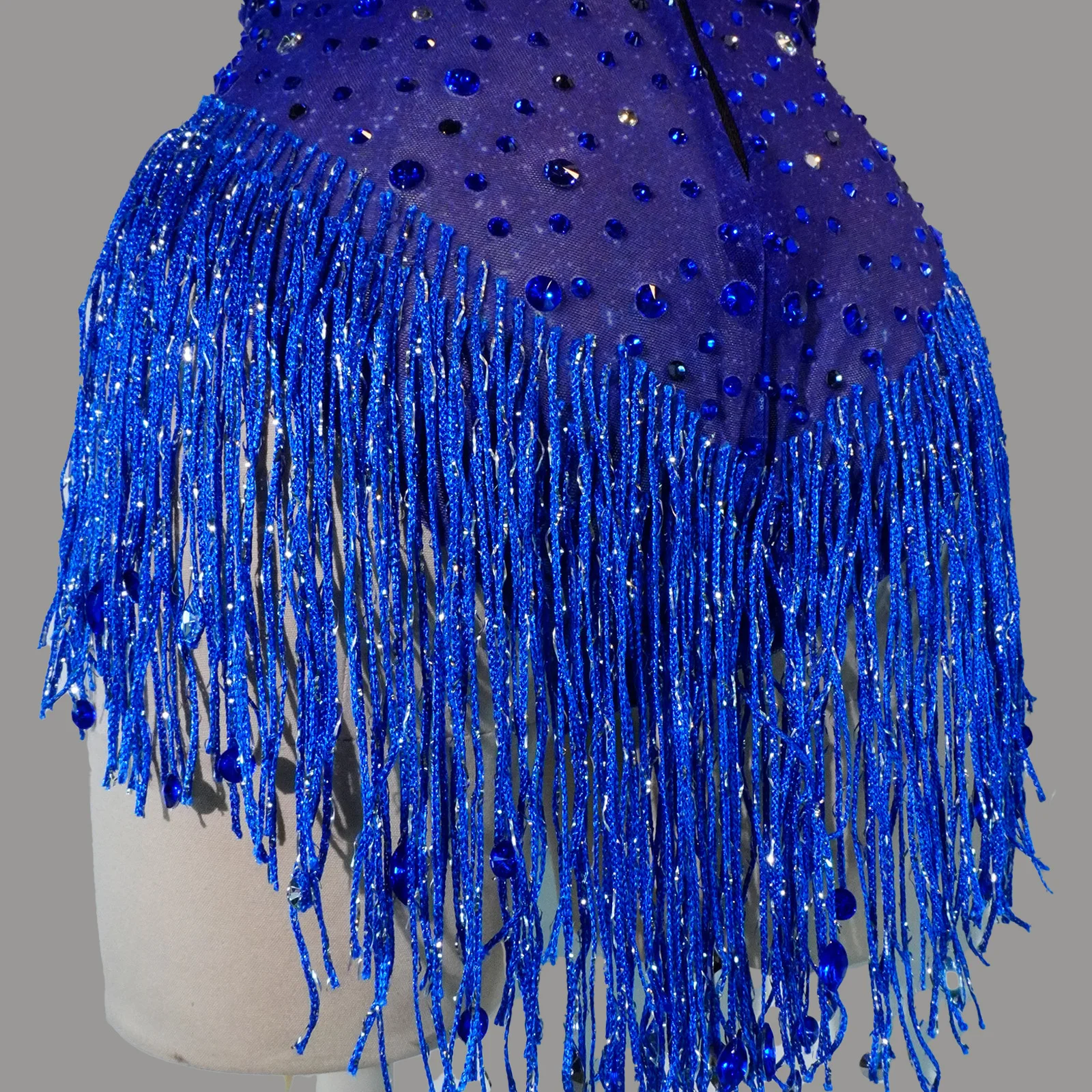 Brilliant Blue Diamond Sequin Pattern Halter Neck Sheer Fringe Bodysuit for Dance Nightclub Drag Queen performance Costume