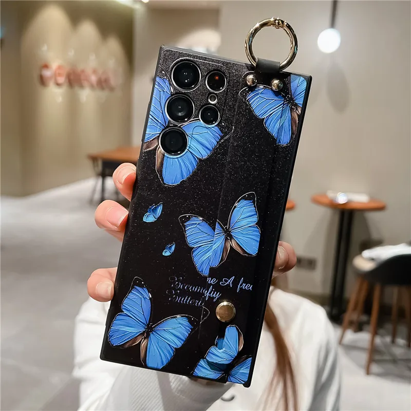 for Xiaomi Mi 13 12 11 Lite 10 9 11T 12T Poco X5 Pro X3 M3 M5 F3 Case Luxury Emboss Butterfly Flower Wristband Phone Holder Case