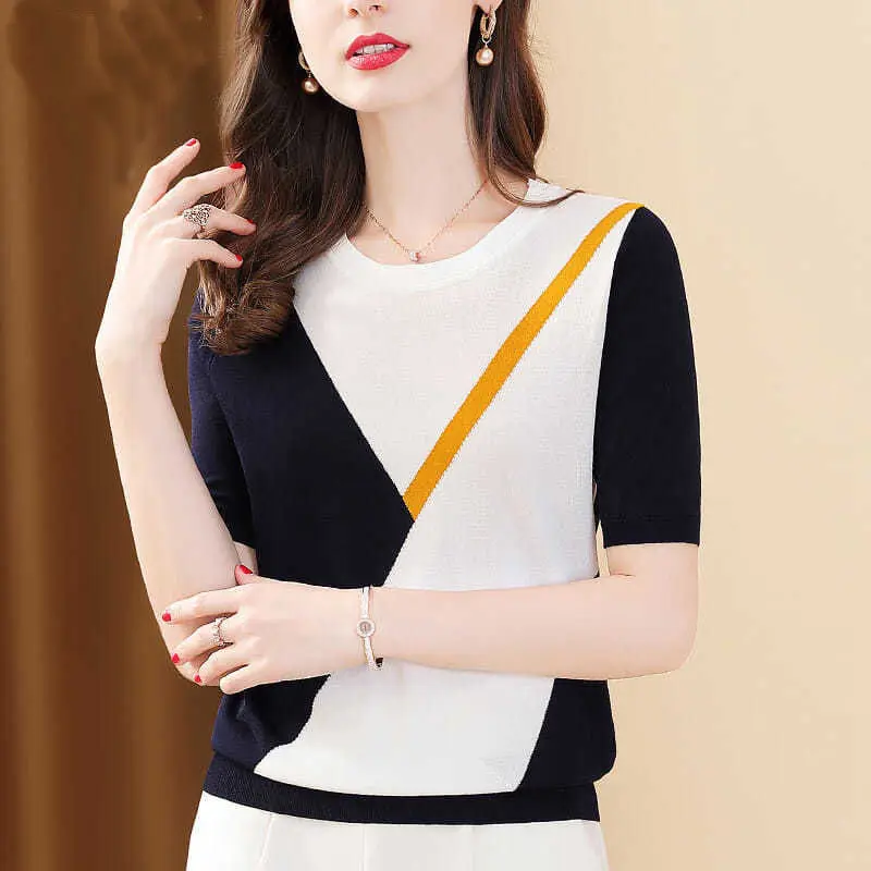 Fashion O-Neck Knitted Spliced All-match Color Blouse Women\'s Clothing 2023 Summer New Casual Pullovers Tops Loose Commute Shirt