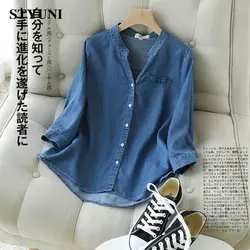 Denim Lyocell Lightweight Turn-down Collar Three Quarter Women's Blouse Shirt Korean Fashion Vinatge Loose Female Blouses Top