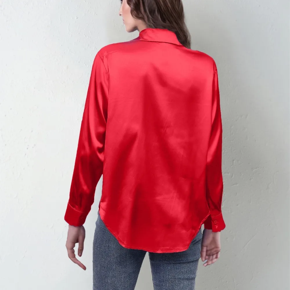 Spring Satin Shirt Women Loose Button Up Red Blouse Shirt Ladies Imitation Silk Long Sleeve Shirt For Women