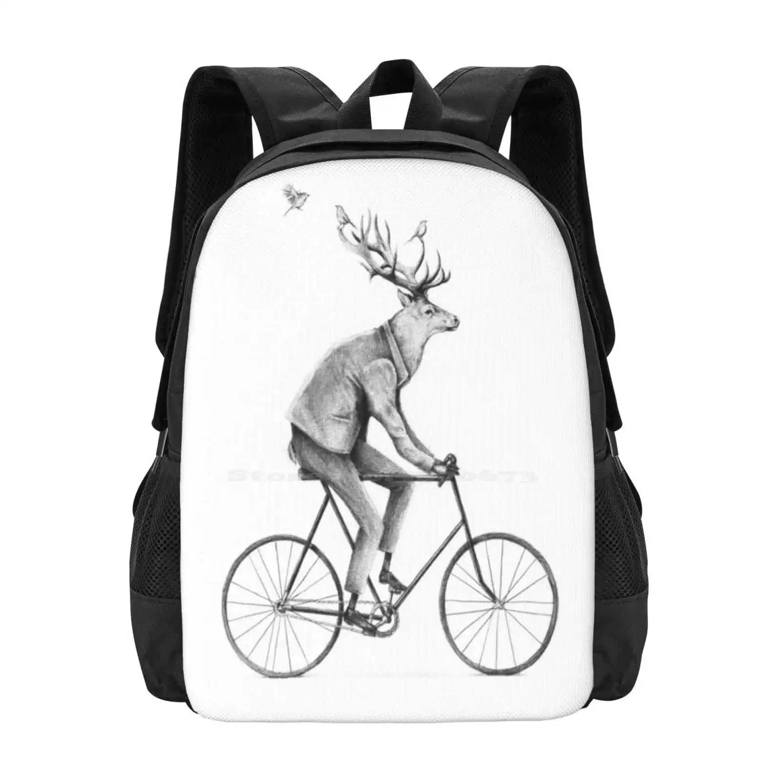 Even A Gentleman Rides Hot Sale Backpack Fashion Bags Wild Deer Animals Pencil Bike Bicycle Ride Birds Forest Woods Mountain