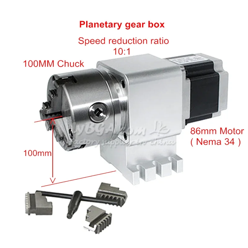 

High Precision Planetary Reducer 4th Rotary A Axis Chuck 100mm 3-jaws Chuck 86mm Motor Nema34 For CNC Router Milling Machine