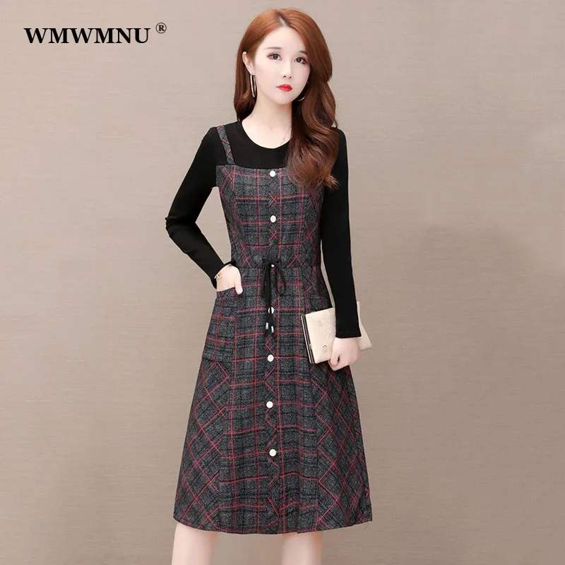 

Fake Two Piece Patchwork Plaid Dress For Women 2022 Spring Vintage Drawstring a-Line Dress Plus Size 6Xl 5Xl Long Sleeve Dresses