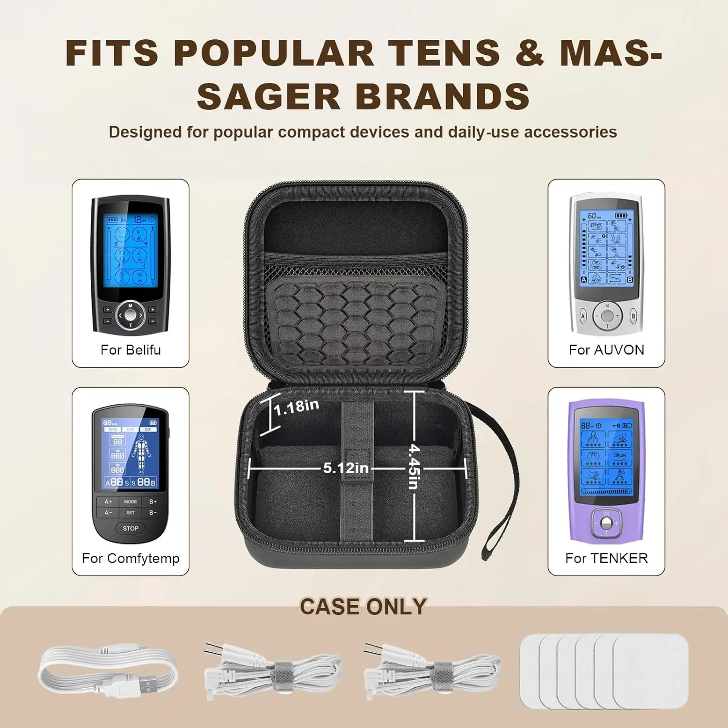 Carrying Case for TENS Unit for Belifu for AUVON, Muscle Stimulator Storage Organizer for Replacement Pads/Cables, Protective