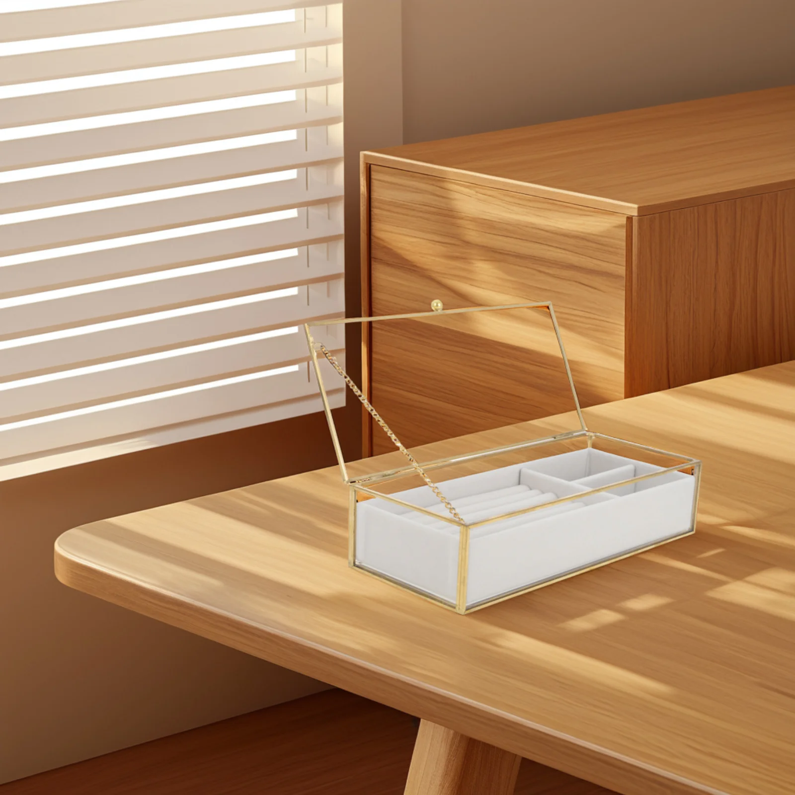 صندوق مجوهرات زجاجي للنساء، علبة عرض شفافة بإطار ذهبي عتيق، منظم مجوهرات، حامل قلادة وحلق