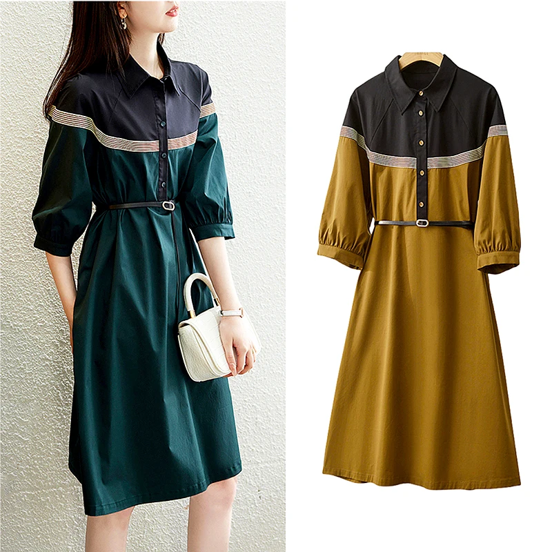 With Belt ! Office Lady Workwear Loose Straight Dresses For Women Fashion Half Sleeve Women's Dress Chic Patchwork Dress SL369