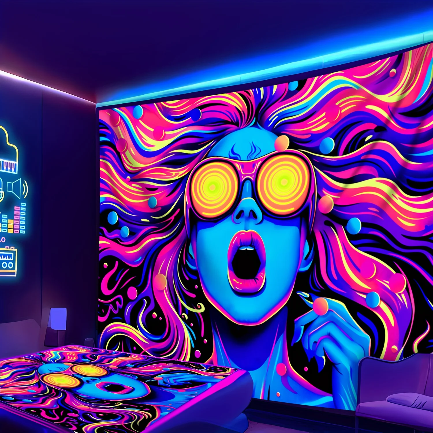 VIKAMA Psychedelic Goddess Wandteppich, Neon-Glühen, lockiges Haar, Spiralbrille, einzigartiges Schlafzimmer, Musik, Party, Raumdekoration