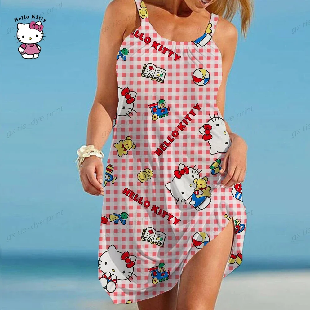 Hello Kitty Print Mouwloze Jurk Vrouwen Vakantie Strand Mini Hawaiiaanse Jurk Boho O Hals Casual Mode Slanke Losse Jurken 2023