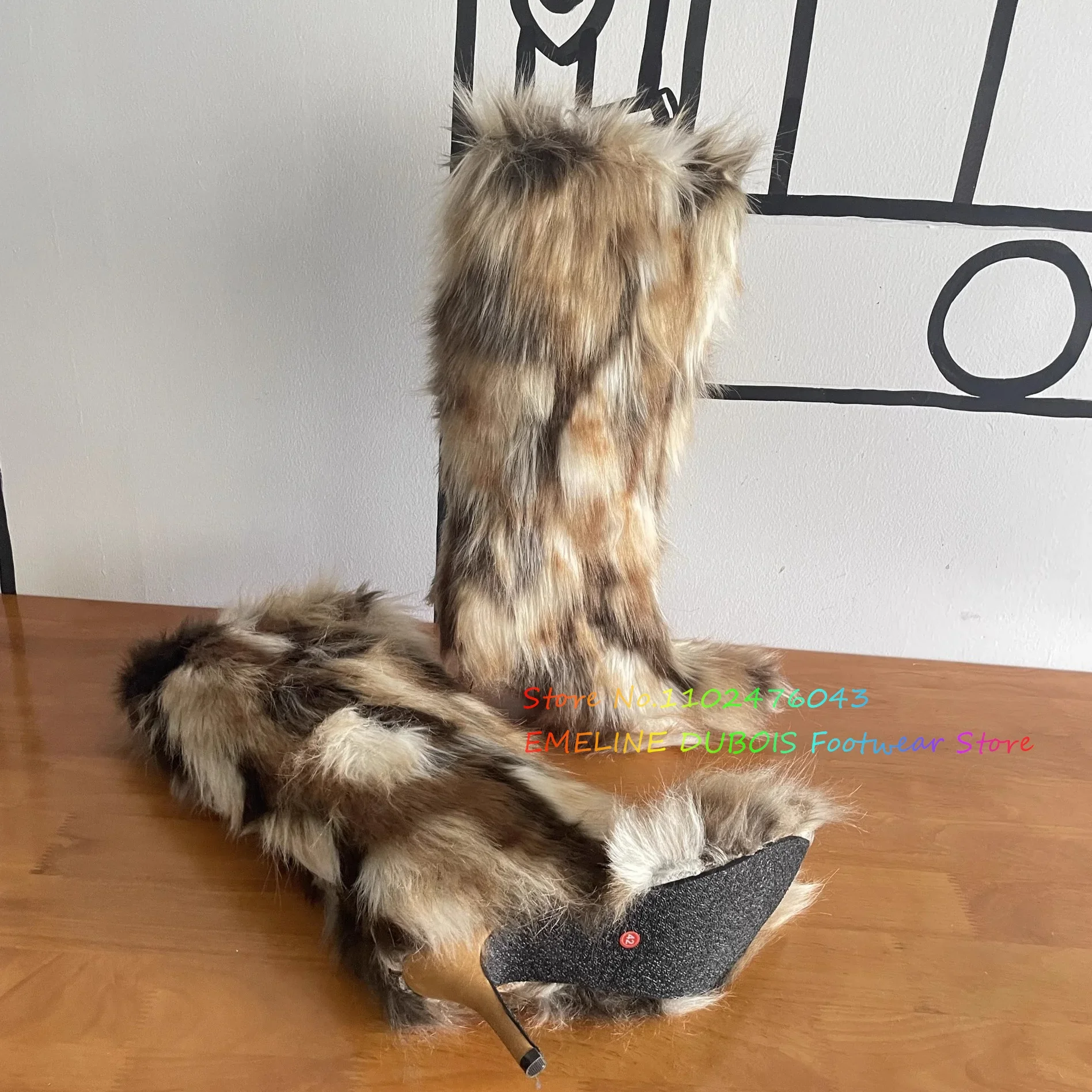 Multicolor Fur High Heel Knee High Boot Women Sexy Pointed Toe Stiletto Heel Winter Warm Back Zipper Newest Trandy Long Boot