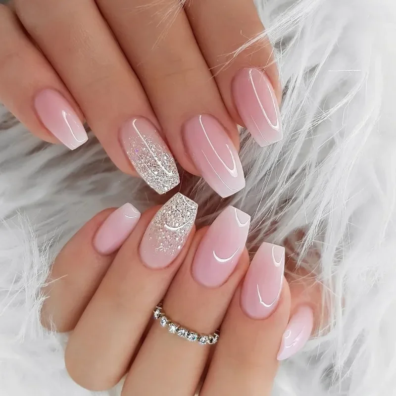 24 pièces rose blanc dégradé presse sur ongles ensemble paillettes pas cher Ballet faux ongles avec colle réutilisable faux ongles pour les filles en gros