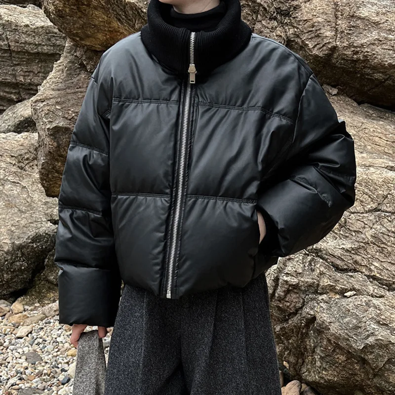 HKSH Winter New Women's Short Down Coat Knitted Large Lapel Patchwork PU Leather Zipper Versatile Casual Ins Warm Jacket HK14431