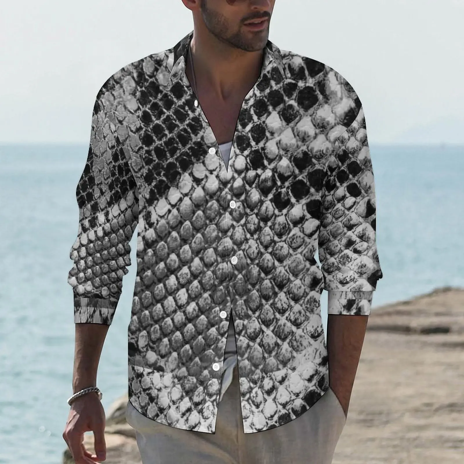 Black And Gray Snakeskin Aesthetic Casual Shirt Men Classic Animal Print Shirt Spring Fashion Blouses Long Sleeve Design Clothes