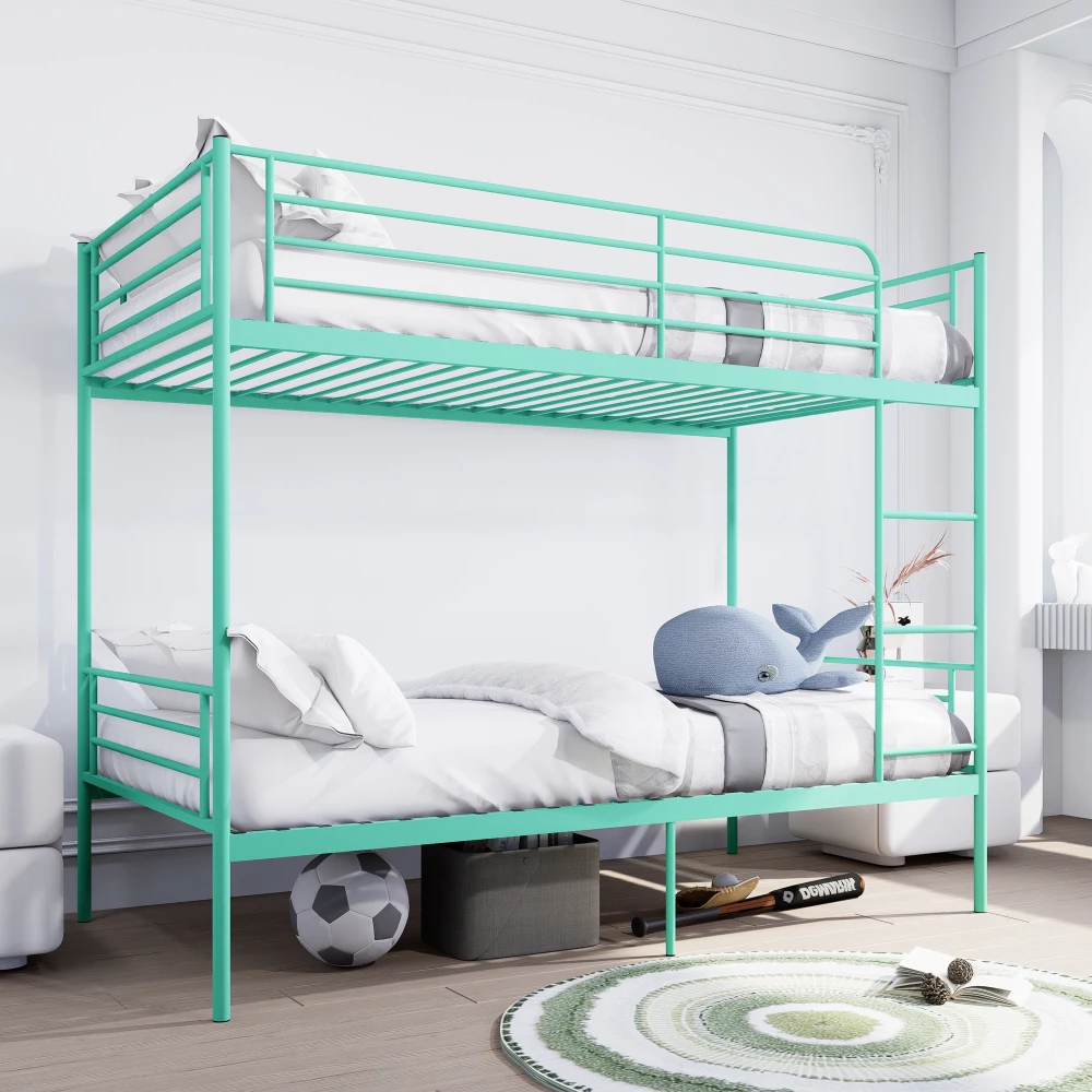 

Bunk Bed with Ladder and high Guardrail, Able to Split, Metal Bunk Bed, Storage Space, Noise Free,Twin Over Twin Size,Green