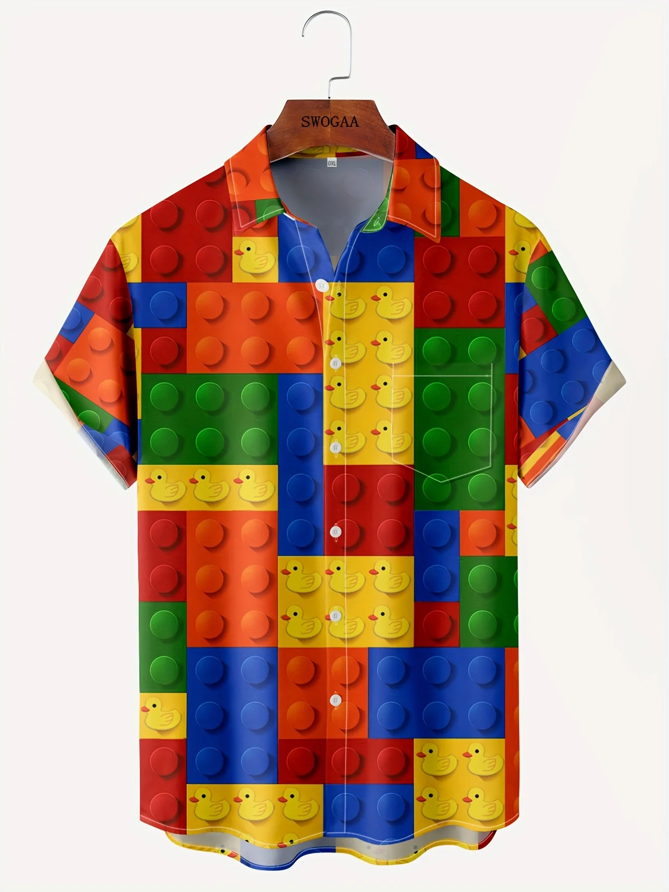 Men Color Building Block Rubber Duck Print Short Sleeve Turn-down Collar Shirt Summer Beach Casual Button Down Streetwear Top