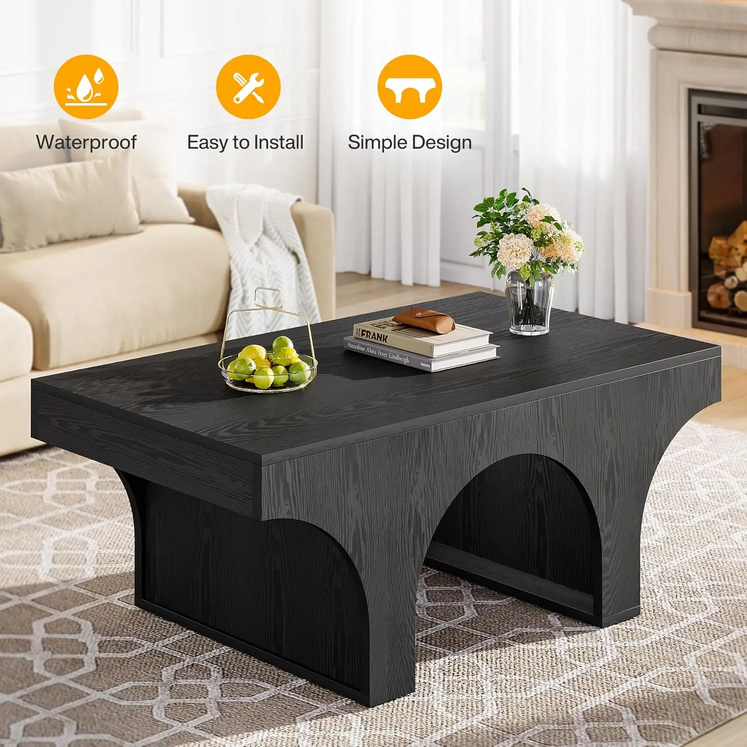 Mesa de centro triarends-moderna para sala de estar, mesa de centro retangular, mesa de centro baixo com arqueado, 47 polegadas