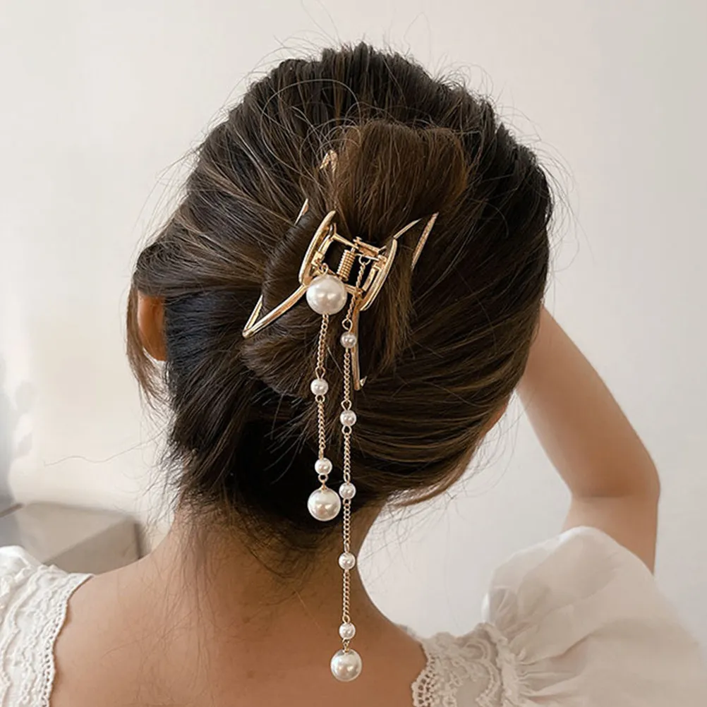 Elegant Pearl Tassel Hair Claw Clip Alloy Women Hair Jaw Clip Barrette No Burrs Safe for Scalp Portable Stylish Accessory