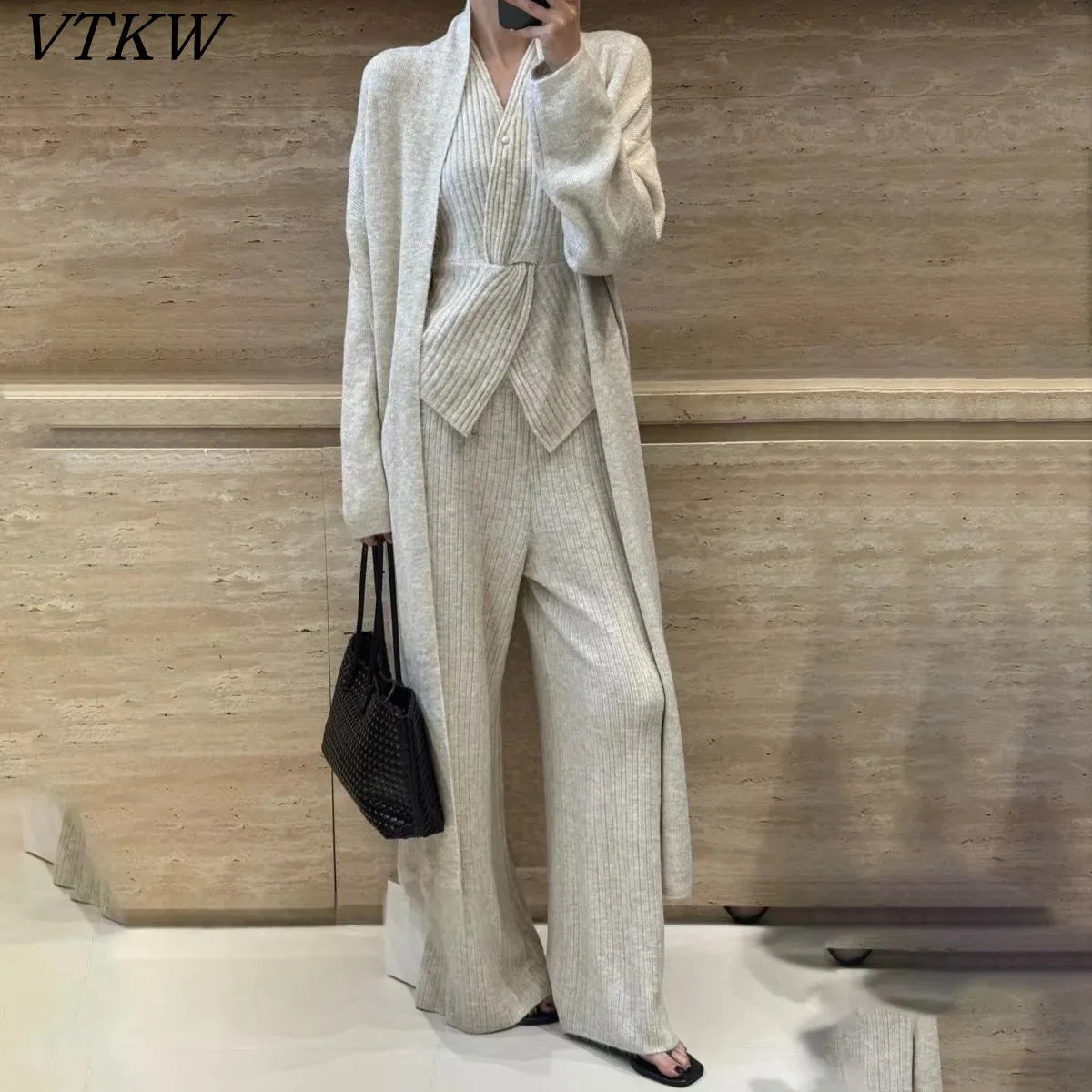 

Женский пиджак VTKW, однотонный, с v-образным вырезом, однотонный, вязаный дизайн, новинка весны 202, высококачественные длинные брюки, комплект из двух предметов