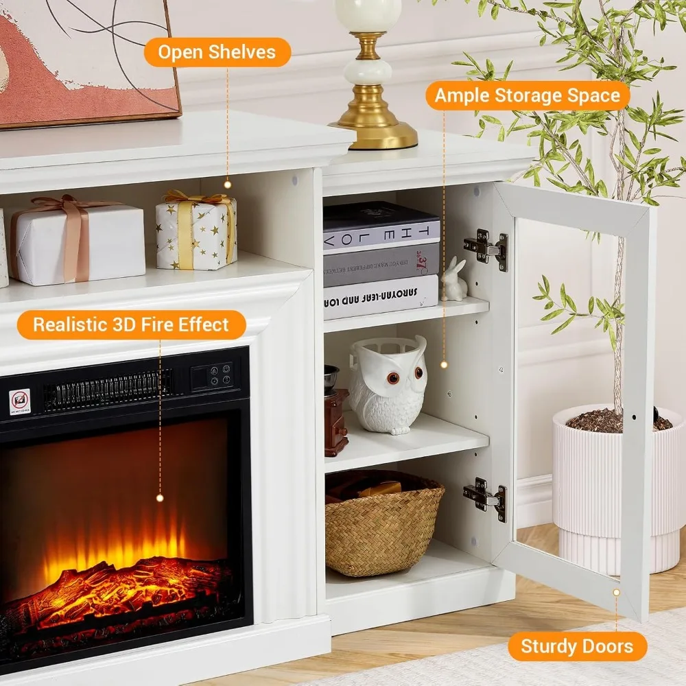63인치 벽난로 TV 스탠드, 전기 벽난로(맨틀 포함), 사실적인 3D 화염 효과와 3단계 조절 가능한 조명이 있는 벽난로