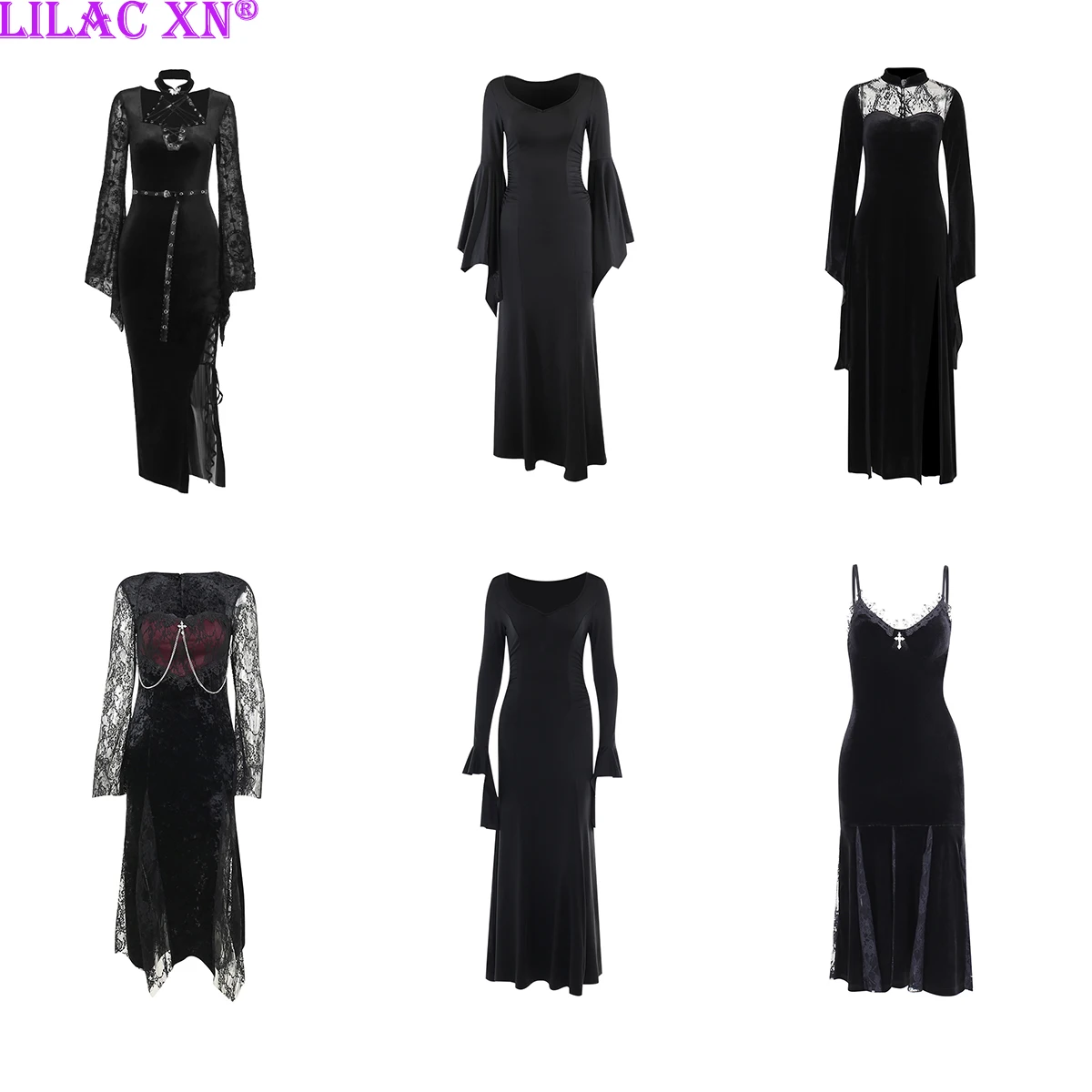 Sexy Elegant Lace Flared Long Sleeve High Split Maxi Dresses Vintage Black Velvet Chain Patchwork Bodycon Long Dress Grunge Robe