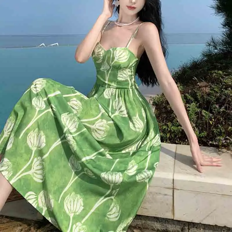 Elegant Green Printing Dress Women's Summer Seaside Beach High Waist Long Dresses 2024 New Fashion Casual Oliday Dress