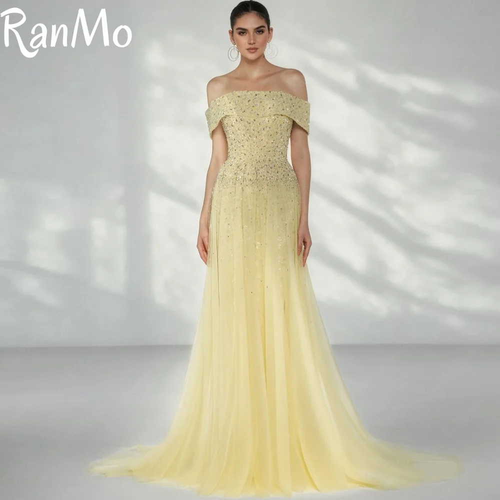 

Ranmo New Customized Exquisite yellow Tulle Beading Evening Dress Elegant Off Shoulder Prom Dress High Quality Special Occasion