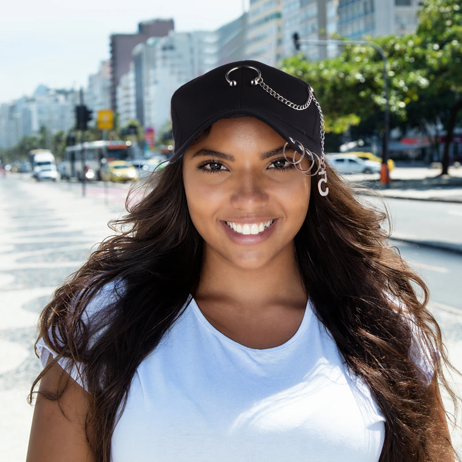 

Metal Iron Ring Baseball Cap Black Wide Brim Women Hat Fabric Caps Outdoor Sports Sun-Resistant Durable Moisture