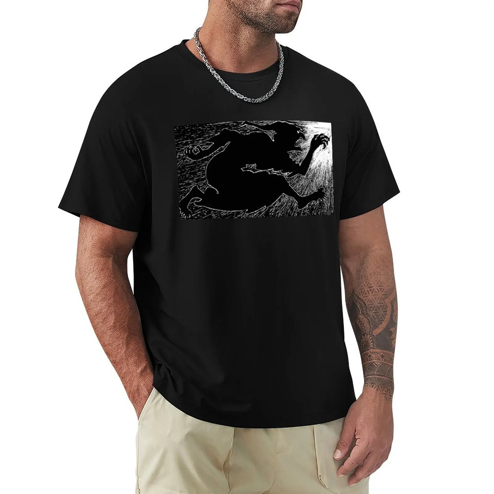 John Dickson Batten - Black and White Evil Witch Chasing Adventurer with Sword Fairy Tale T-Shirt