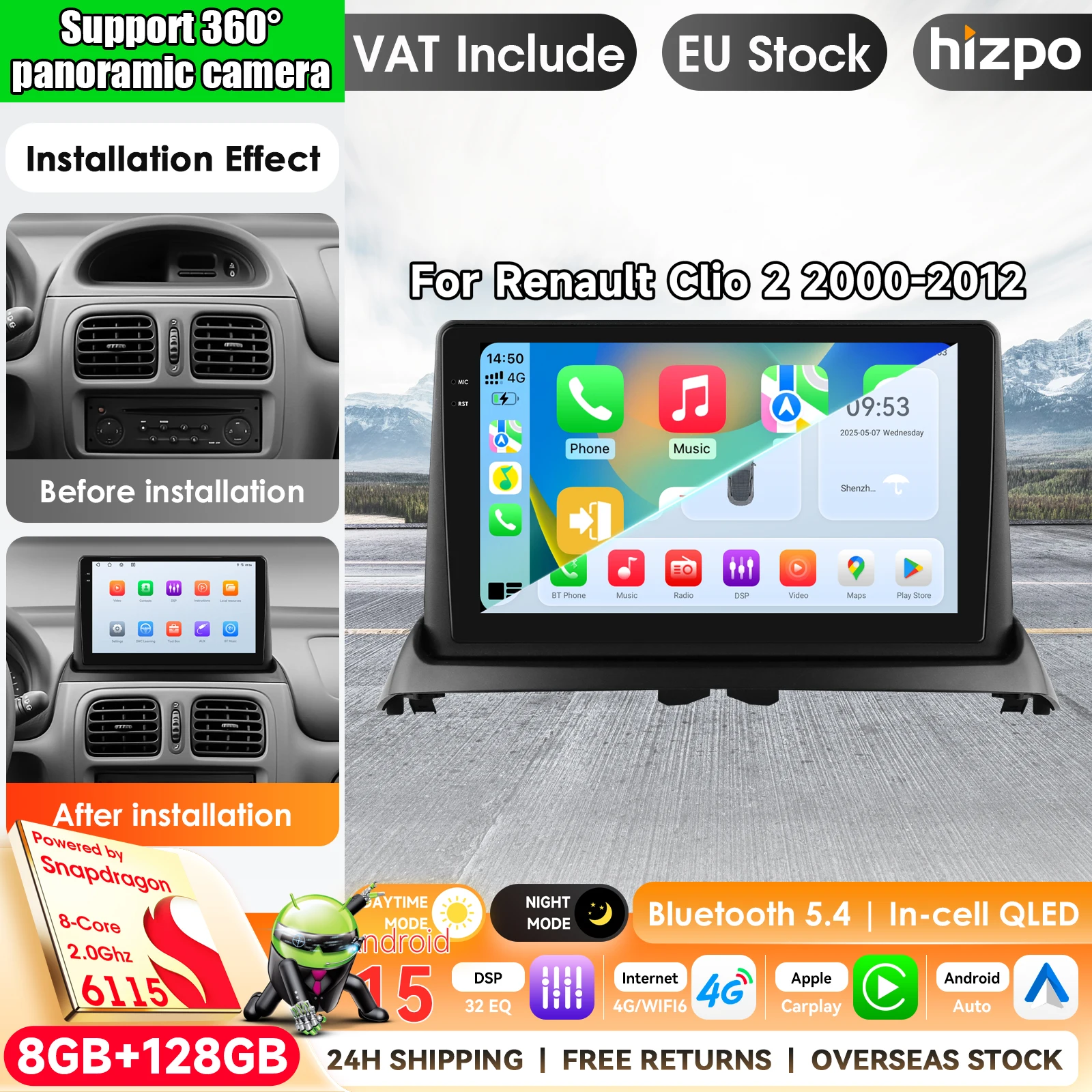 Hizpo, autoradio Android 15 con sistema AI 4G e Carplay, schermo da 9 pollici, per Renault CLIO 2 (2000-2012), lettore multimediale video, GPS, autoradio 2DIN, schermo intelligente da 9 pollici,