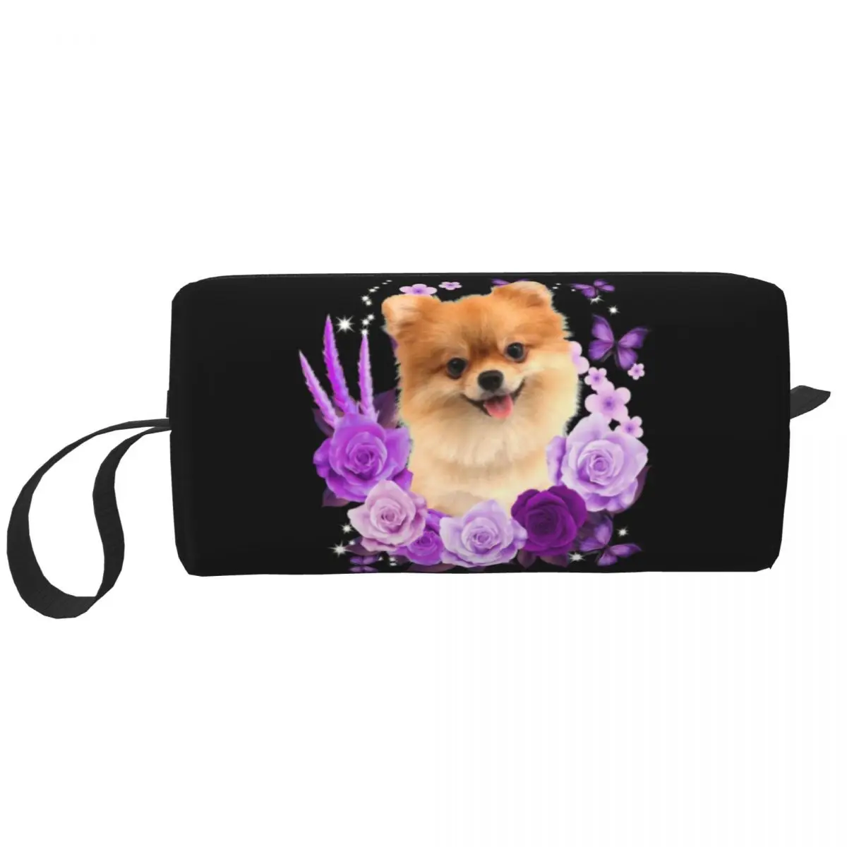 Custom Pomeranian Dog With Rose Flower Toiletry Bag for Women Puppy Pet Makeup Cosmetic Organizer Lady Beauty Storage Dopp Kit