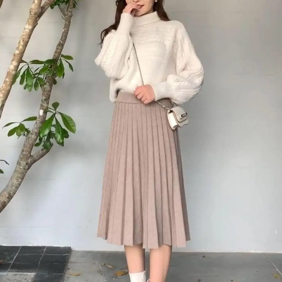 

Women Knitted Midi Skirt Elegant Black A-Line High Waist Pleated Long Skirt Korean 2026 Spring Autumn Winter Faldas Femme Jupes
