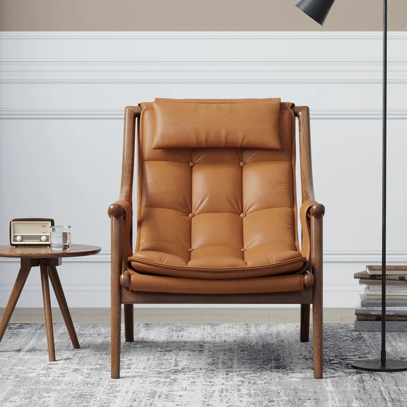 Nordic solid wood leather sofa chair designer extreme balcony tiger chair light luxury leisure lazy