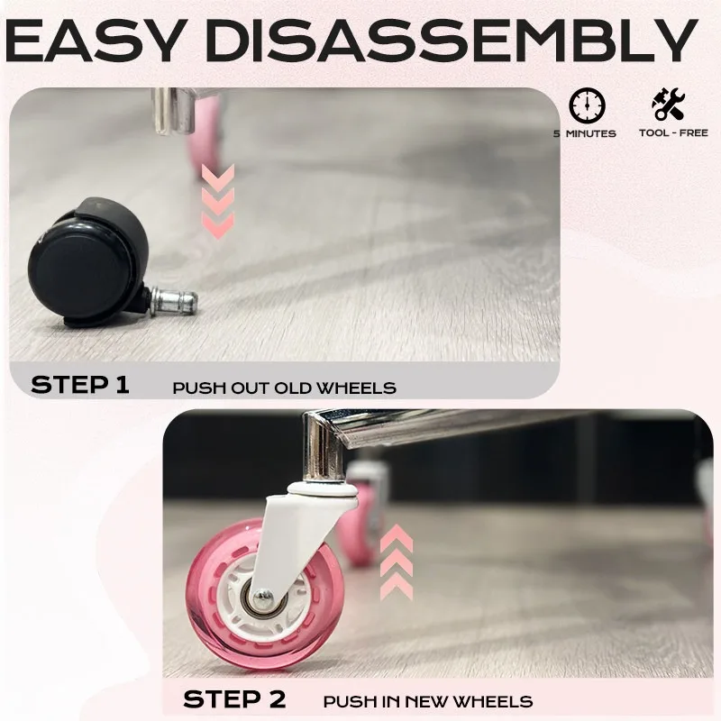 3 Inch Pink PU Swivel Casters- Silent Smooth Durable Office Chair Replacement Wheels for Computer