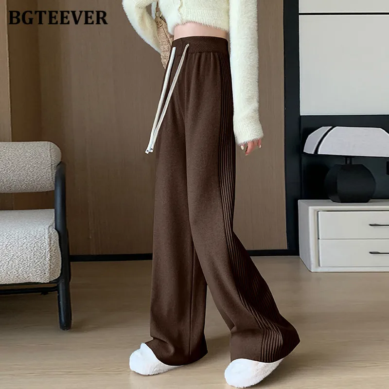 BGTEEVER Chic Casual Loose Floor-Length Women Solid Knitted Pants Fashion High Waist Lace-up Female Wide Leg Sweaters Trousers