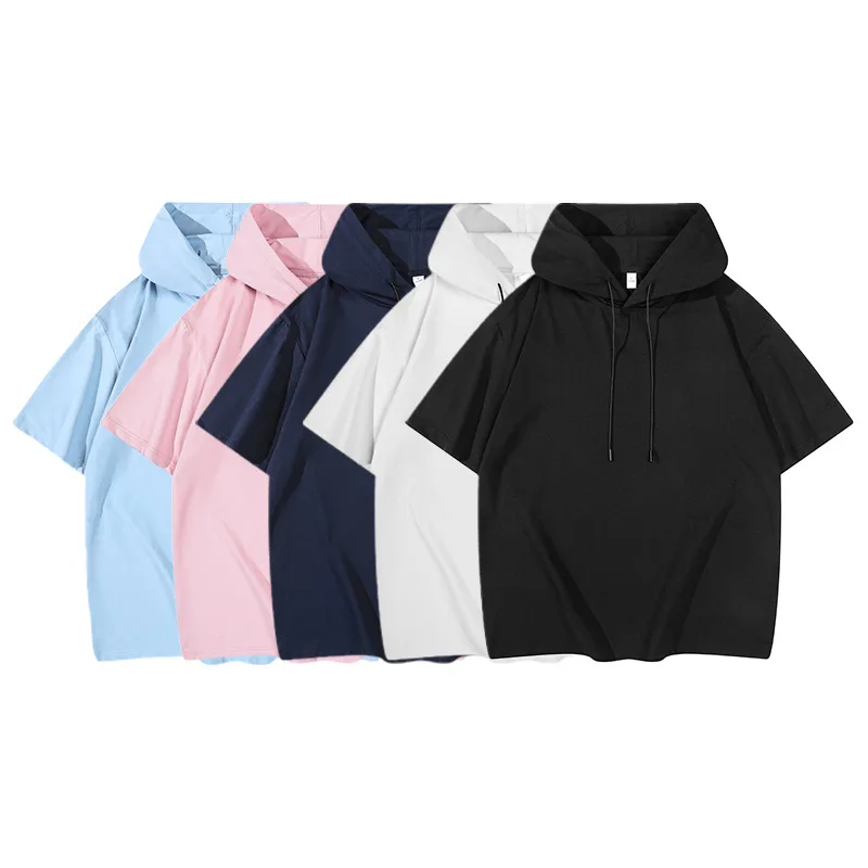 

Loose Fit Men's Hoodie Short Sleeve Seven Inch Pure Color Trendy Sweatshirt Sporty Elastic Crew Neck Hat Shirt Summer Early A...
