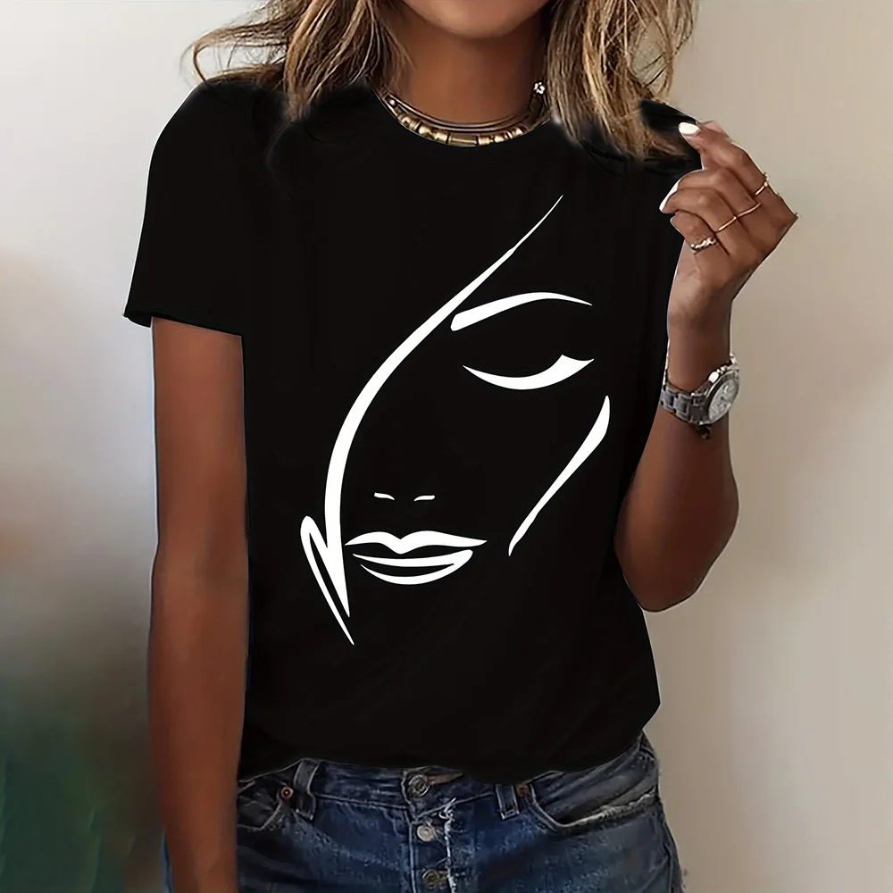 Minimalist Casual Girl Portrait Graphic Printed T-Shirt 2024 Summer O-Neck Short Sleeve Top Fashion Streetwear Women's Clothing