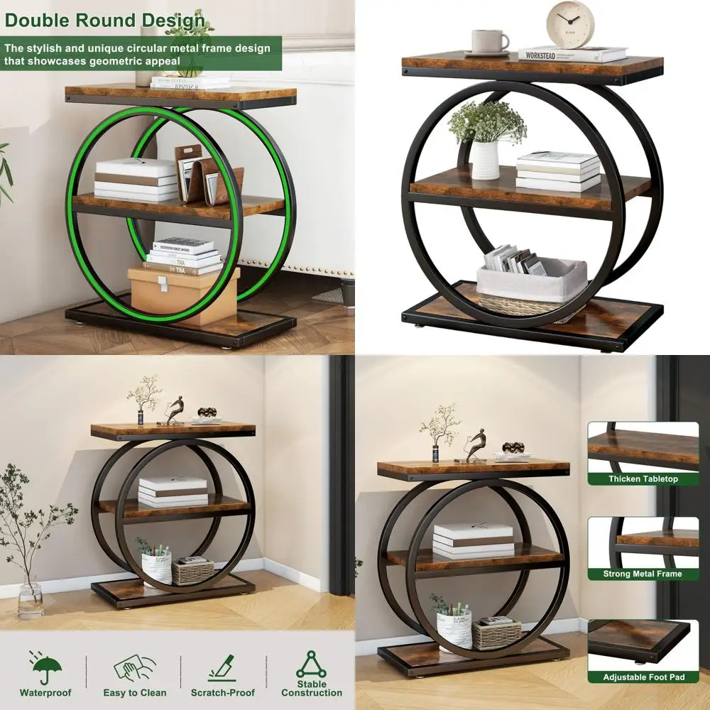 

Industrial-Style 3-Shelf Narrow End Table, Rustic Brown Metal Frame Nightstand for Bedroom and Living Room