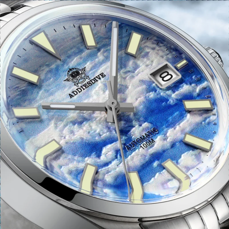 

ADDIESDIVE 39mm AD2041 Watch For Men Bubble Mirror Glass Blue Luminous 10Bar Waterproof Automatic Watch 3D Sea Of Clouds Dial