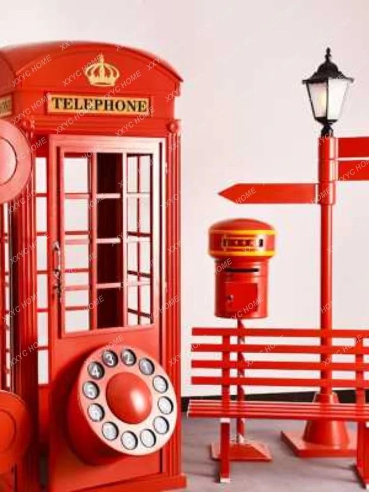 Retro Iron Art Telephone Booth Set Outdoor Large Prop Decoration Punch-in Decorations Bar Ktv Decoration