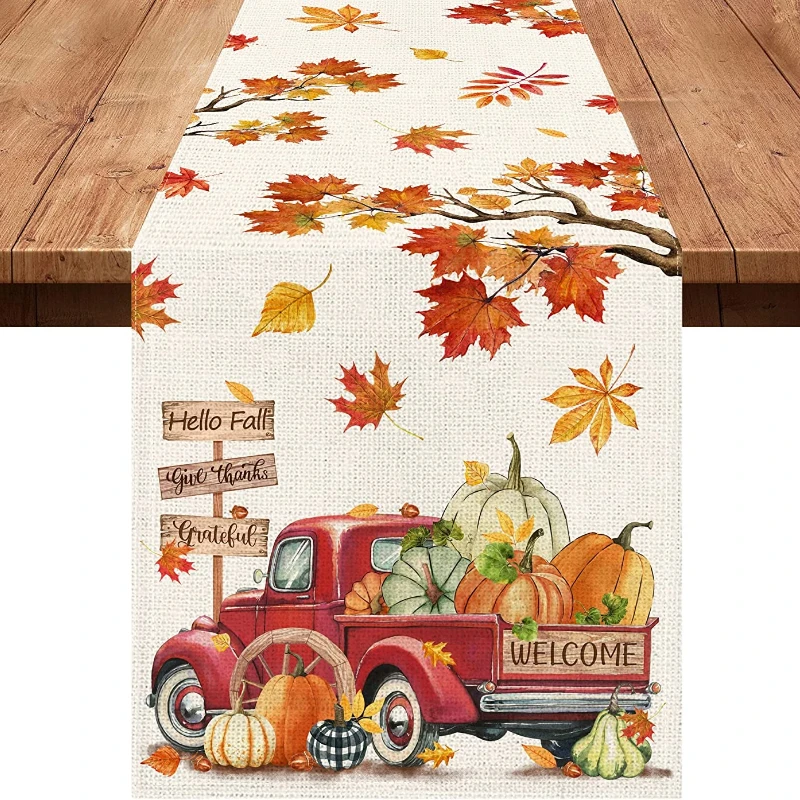 Linen Fall Table Runner Orange Maple Leaf Autumn Table Runner for Kitchen Table Farmhouse Truck Indoor Outdoor Home Party Decor