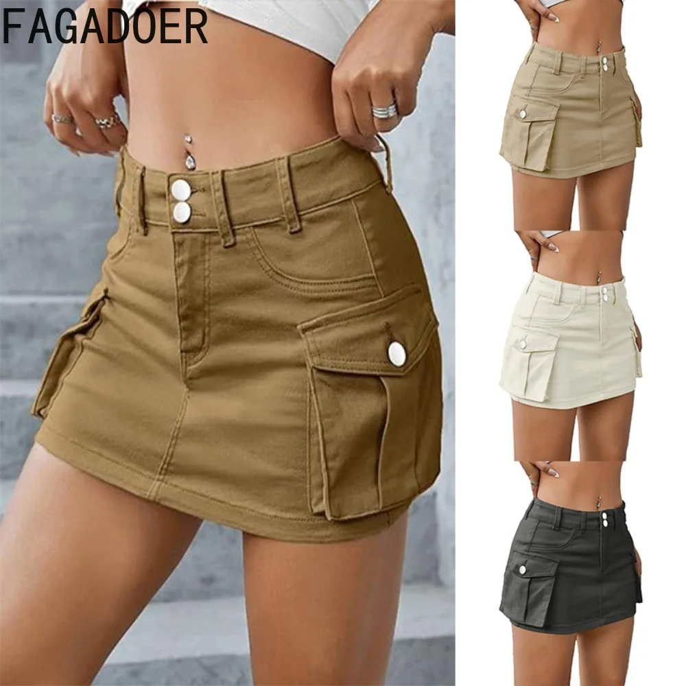 

FAGADOER Fashion Street Style Women High Waisted Button Pocket Mini Skirts Casual Female Solid Color Cargo Skirts Bottoms 2023